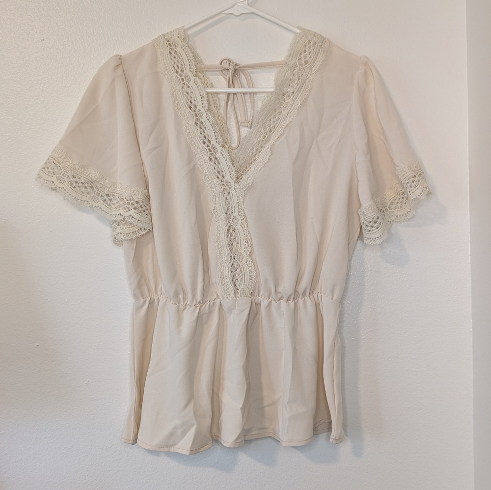 NWOT Elegant Cream Lace Trim Blouse